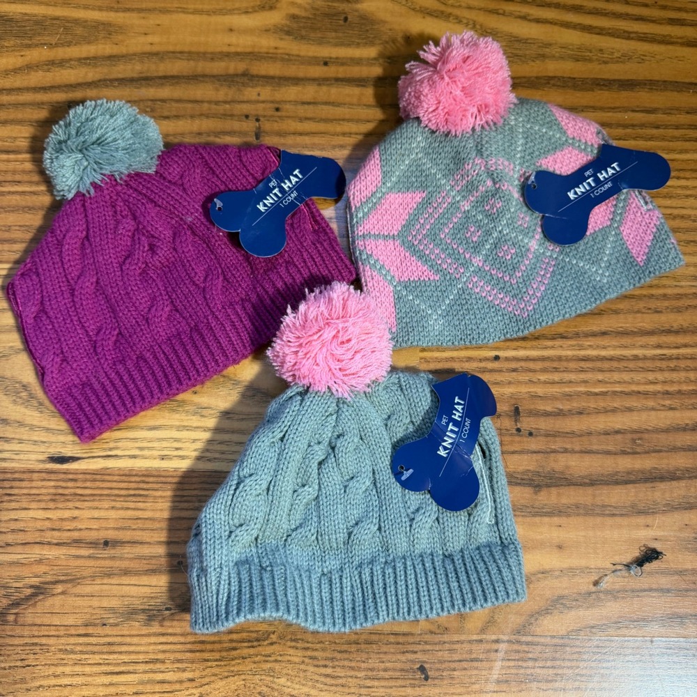 Set of 3 Pet Knit Hats Cable Knit Fair Isle Pom Pom Winter Dog Beanies Grey